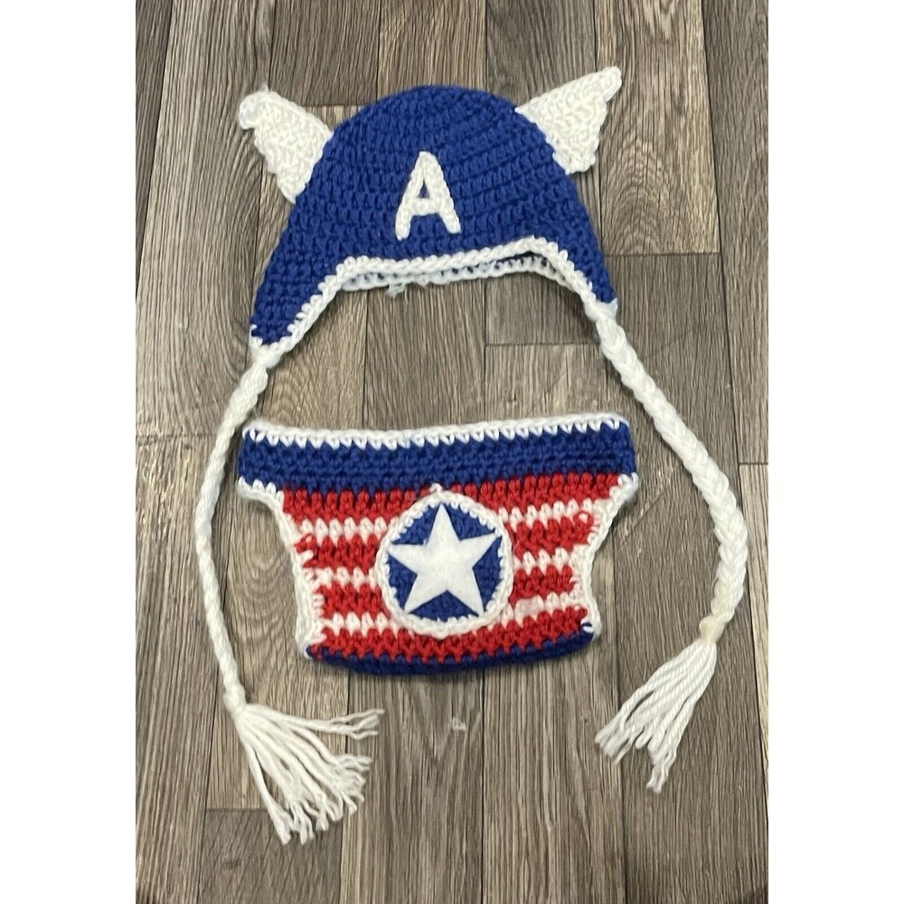 Handmade Crochey Baby Newborn Costume photo prop Captain America Avengers